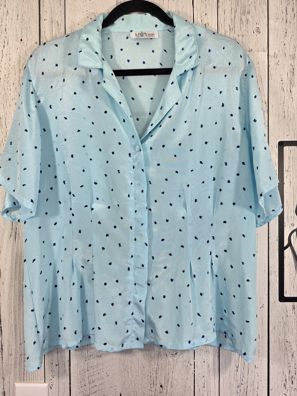Vintage Balaban Blue Satin Blouse Navy Print Pleated Short Sleeve Est Size XL